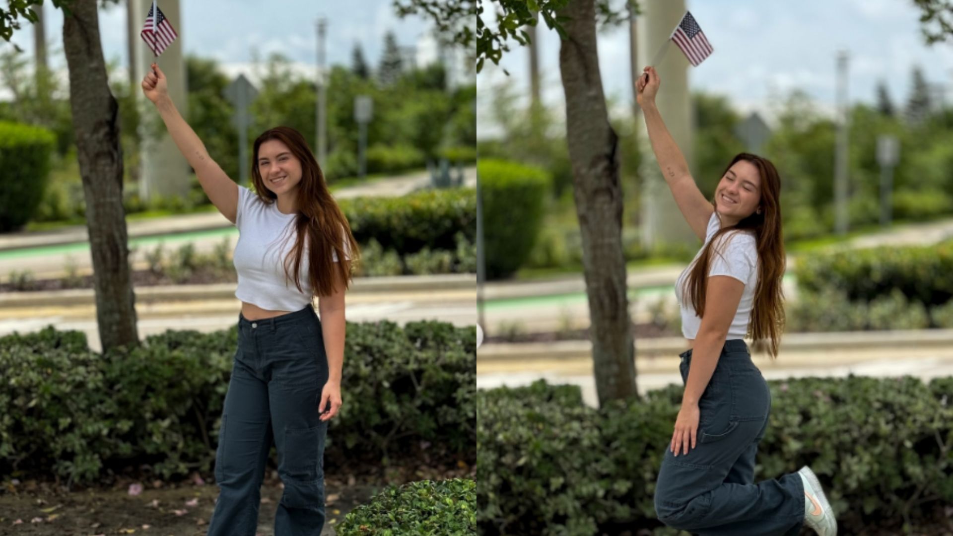 Sofia Liberato, filha de Gugu, celebra visto americano com bandeira dos Estados Unidos
