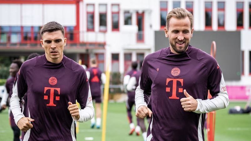 João Palhinha e Kane em treino do Bayern