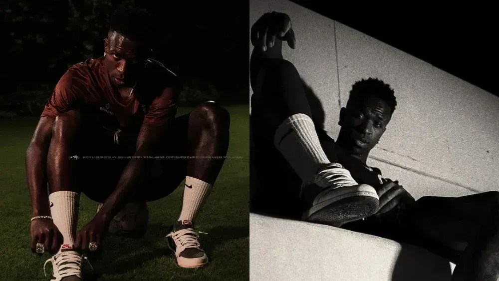 Vinícius Jr. em campanha de lançamento de tênis da Jordan em parceria com Travis Scott