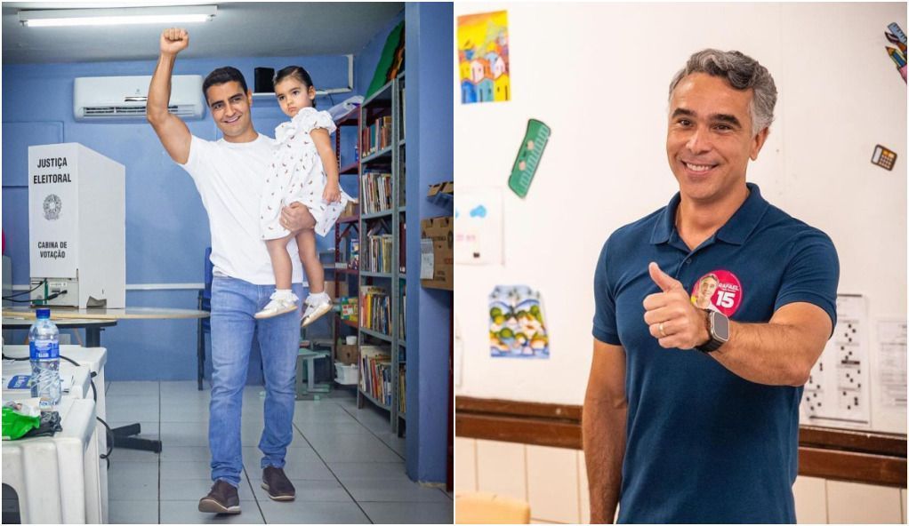Candidatos a prefeito de Maceió, JHC (PL) e Rafael Brito (MDB) posam para fotos após votarem neste domingo (6)