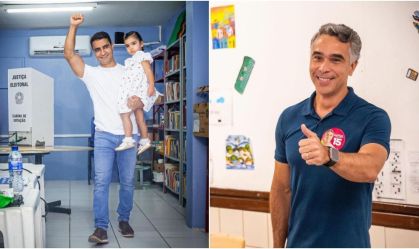 Candidatos a prefeito de Maceió, JHC (PL) e Rafael Brito (MDB) posam para fotos após votarem neste domingo (6)