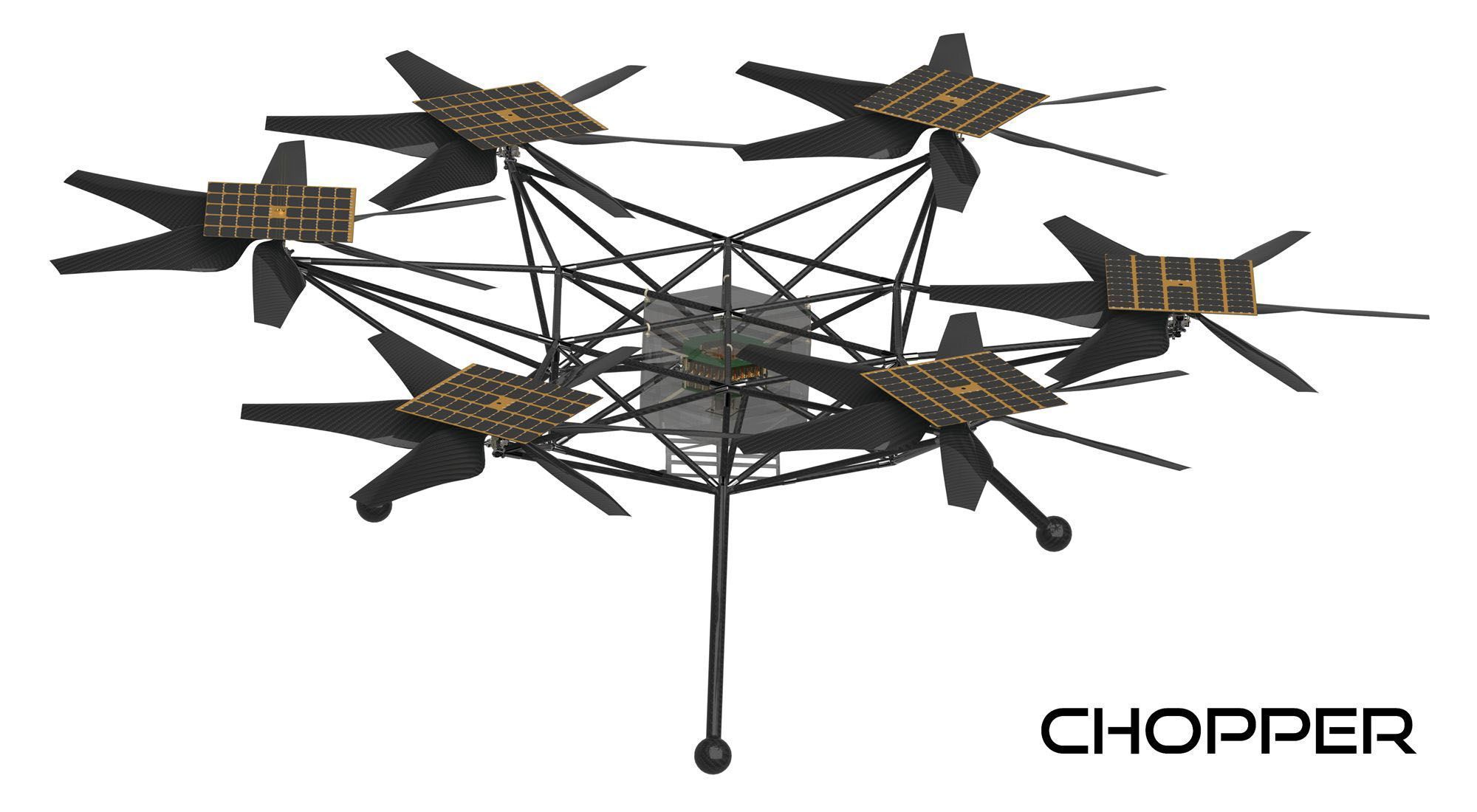 Renderização 3D do novo helicóptero de Marte, Chopper, em desenvolvimento pela Nasa • Theodore (Teddy) Tzanetos /LinkedIn