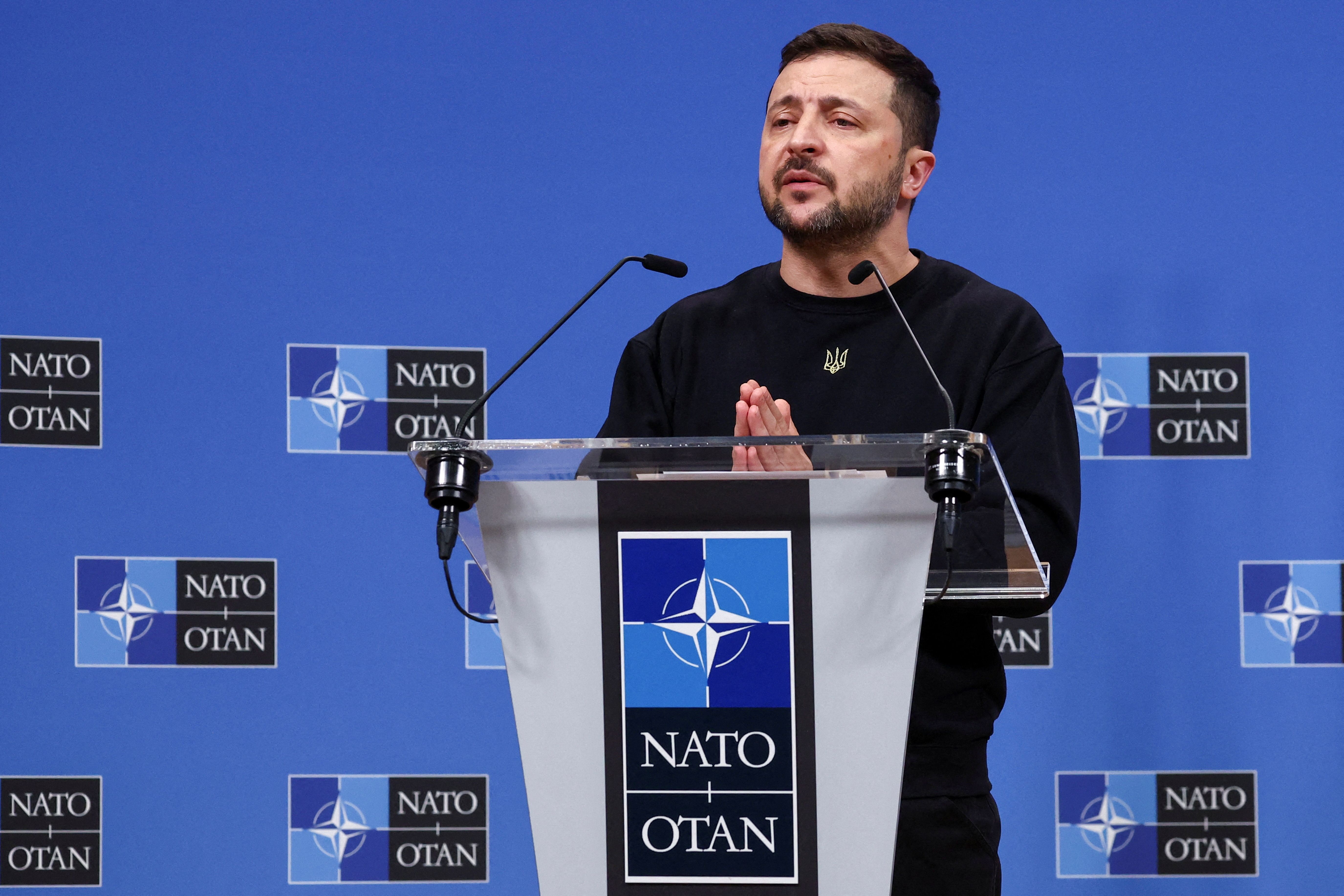Presidente da Ucrânia, Volodymyr Zelenskiy, durante coletiva de imprensa, em Bruxelas, Bélgica