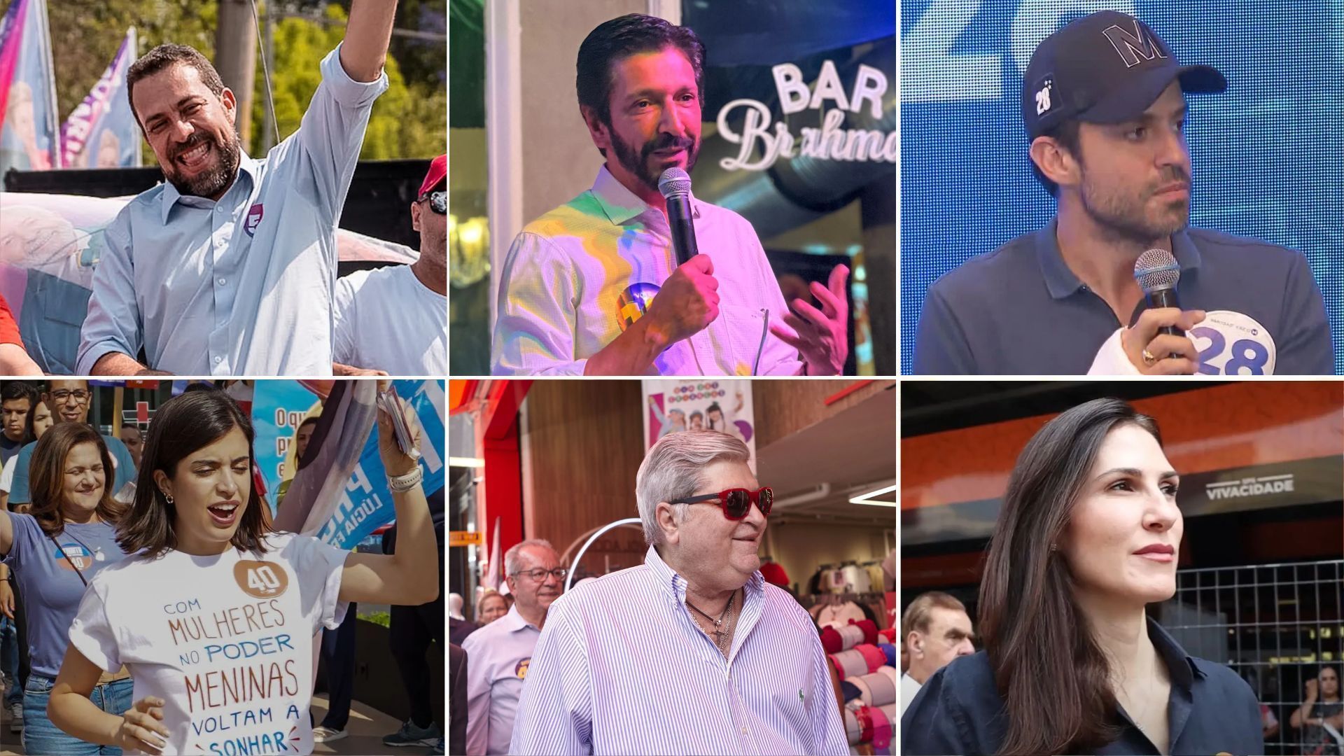 Candidatos à Prefeitura de São Paulo, Guilherme Boulos, Ricardo Nunes, Pablo Marçal, Tabata Amaral, Jose Luiz Datena e Marina Helena em campanha