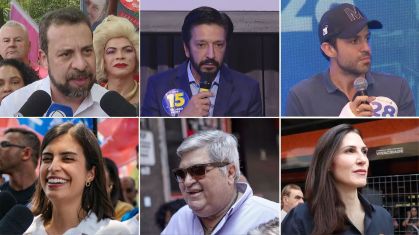 Candidatos à Prefeitura de São Paulo Guilherme Boulos, Ricardo Nunes, Pablo Marçal, Tabata Amaral, José Luiz Datena e Marina Helena em campanha