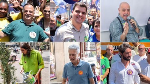 Candidatos à Prefeitura de BH Mauro Tramonte, Bruno Engler, Fuad Noman, Duda Salabert, Rogério Correia e Gabriel Azevedo em campanha