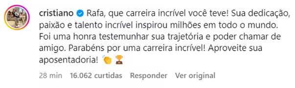 CR7 comenta aposentadoria de Nadal • Reprodução / Instagram
