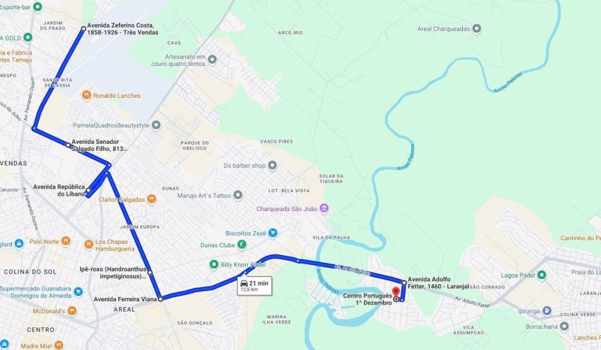 Trajeto que deverá ser feito pelo cortejo fúnebre • Reprodução/Google Maps