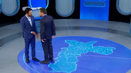 Nunes (à esquerda) pediu licença a Boulos durante o debate da TV Globo; candidato do PSOL respondeu "fique à vontade" ao postulante à reeleição pelo MDB