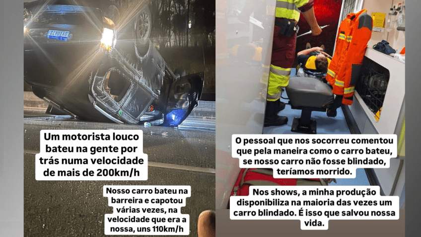 Montagem mostra estado em que veículo ficou e foto de Paul sendo atendido pela equipe médica • Reprodução/Redes Sociais