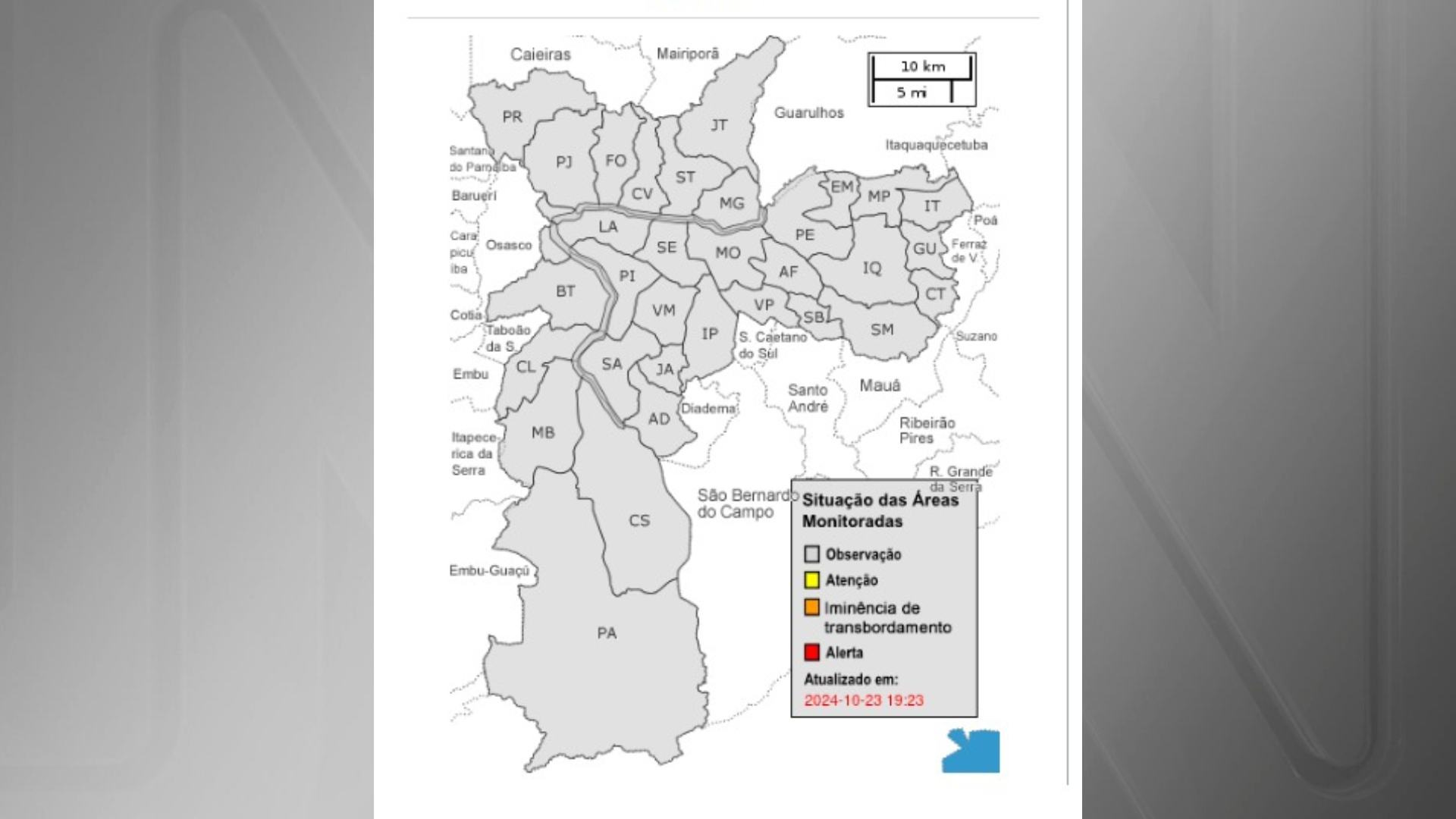 Mapa mostra os 32 distritos de SP fora do estado de atenção para chuvas, segundo CGE • Reprdução/CGE