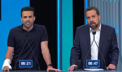 Os candidatos à Prefeitura de São Paulo Pablo Marçal (PRTB) e Guilherme Boulos (PSOL) durante debate da TV Globo em 3 de outubro de 2024