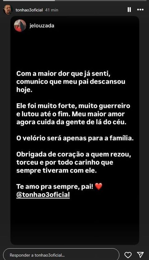 Filha de Tonhão, Jessica Louzada, confirma a morte do pai nas redes sociais • Reprodução/Instagram
