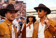 Glen Powell e Matthew McConaughey prestigiam antiga faculdade e vão a jogo