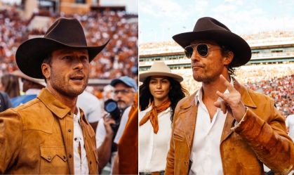 Glen Powell e Matthew McConaughey prestigiam antiga faculdade e vão a jogo