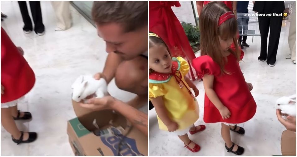João Guilherme dá coelhinhos para Maria Alice e Maria Flor