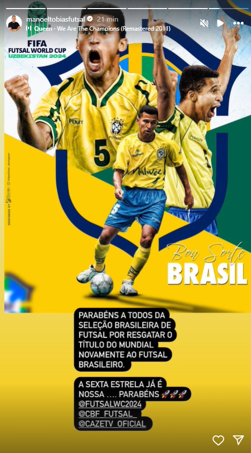Manoel Tobias comemora título da Seleção Brasileira de Futsal • Reprodução/Instagram