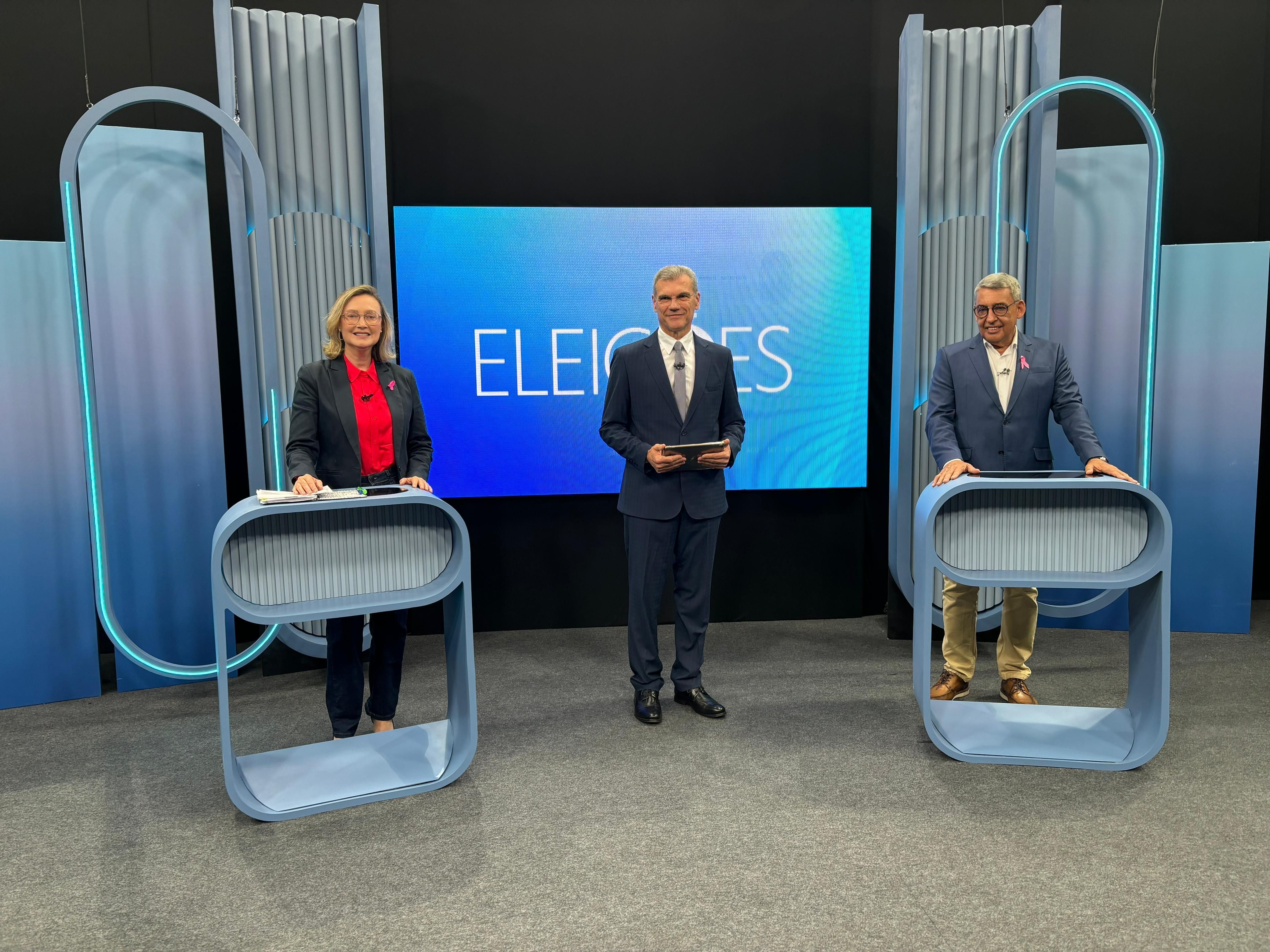 Maria do Rosário (à esquerda), e Sebastião Melo participam do último debate para à Prefeitura de Porto Alegre