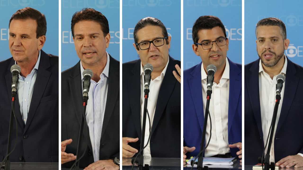 Paes, Ramagem, Tarcísio, Queiroz e Amorim, candidatos a prefeito do Rio, participaram do debate da TV Globo