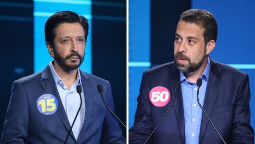 Os candidatos Ricardo Nunes (à esquerda) e Guilherme Boulos no debate da TV Record