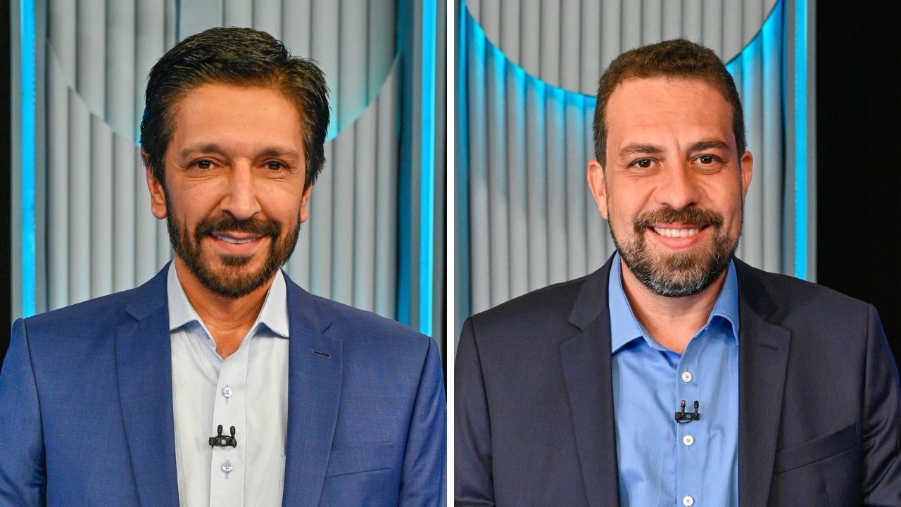 Os candidatos Ricardo Nunes (à esquerda) e Guilherme Boulos participam do último debate para a Prefeitura de São Paulo