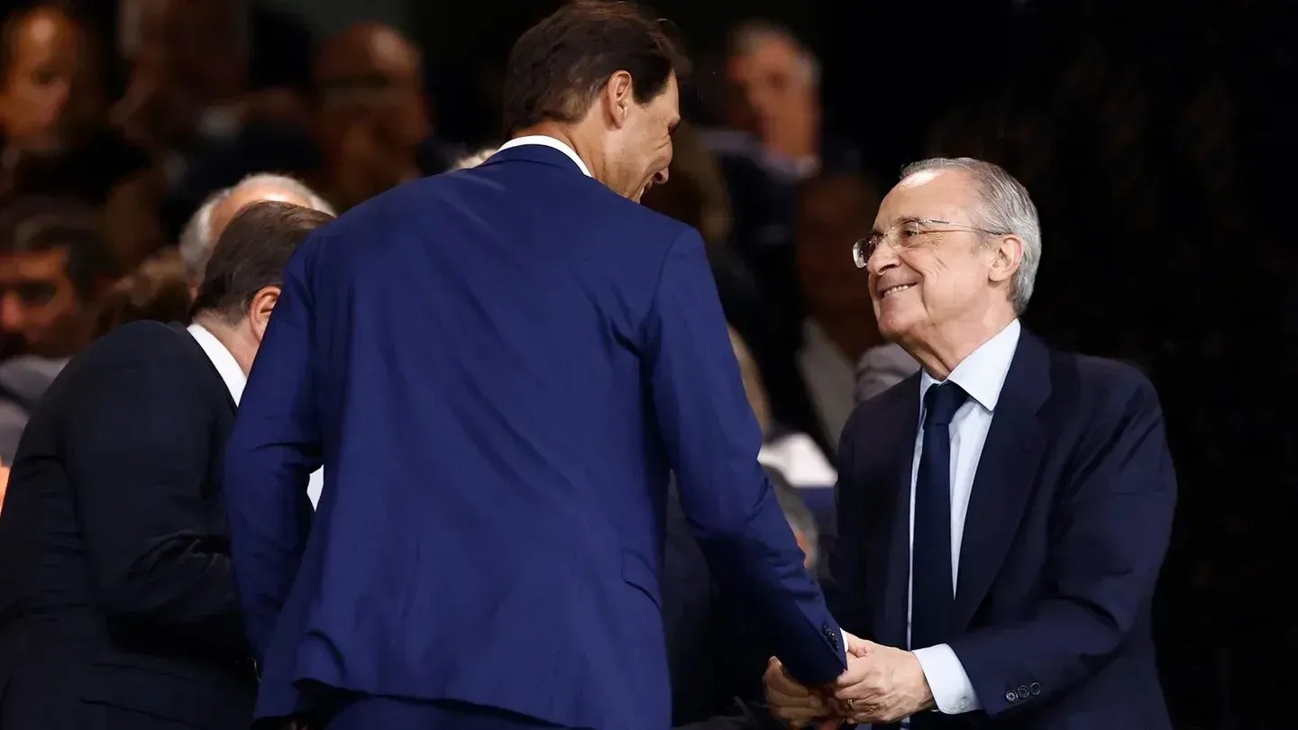 Nadal cumprimenta Florentino Pérez, presidente do Real Madrid • Foto: Divulgação / RMCF