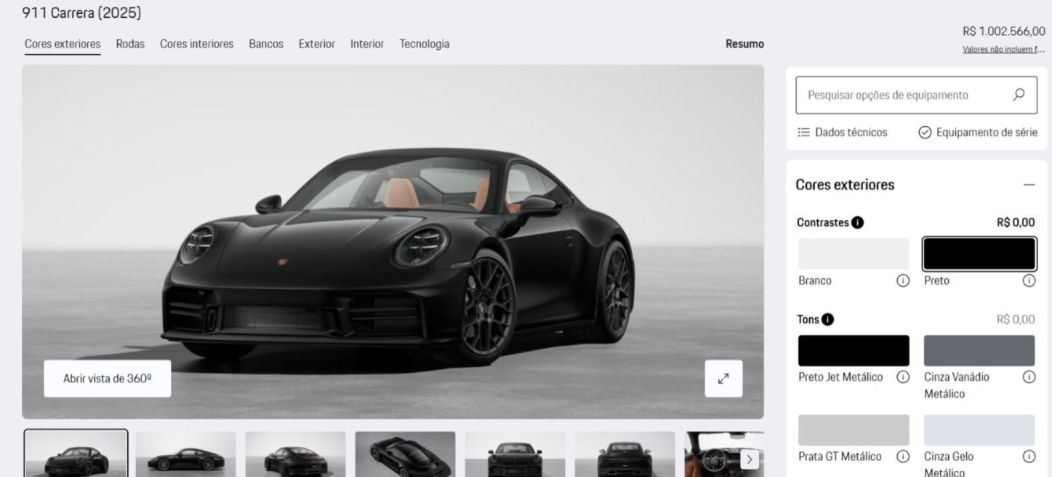 Personalização do 911 Carrera 2025 pode passar de R$ 1 milhão • Reprodução/Porsche.com.br