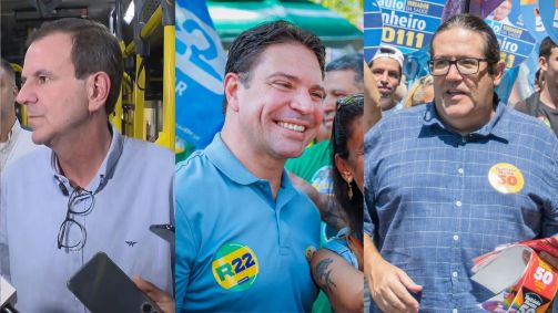 Candidatos à Prefeitura do Rio de Janeiro Eduardo Paes, Alexandre Ramagem e Tarcísio Motta em campanha nesta terça-feira (1)