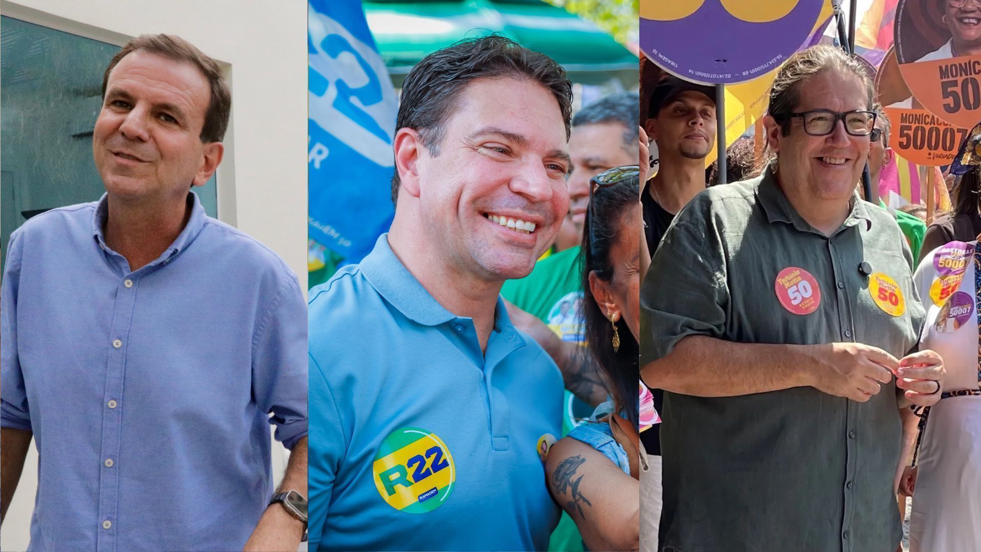 Candidatos à Prefeitura do Rio de Janeiro Eduardo Paes, Alexandre Ramagem e Tarcísio Motta em campanha