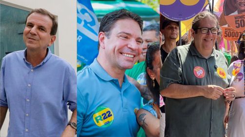 Candidatos à Prefeitura do Rio de Janeiro Eduardo Paes, Alexandre Ramagem e Tarcísio Motta em campanha