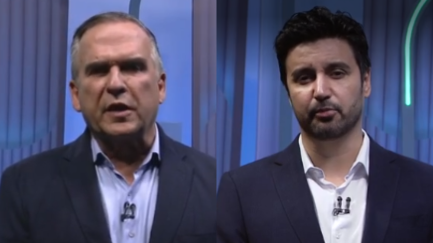 Sandro Mabel (à esquerda) e Fred Rodrigues debateram em Goiânia • Reprodução/TV Anhanguera