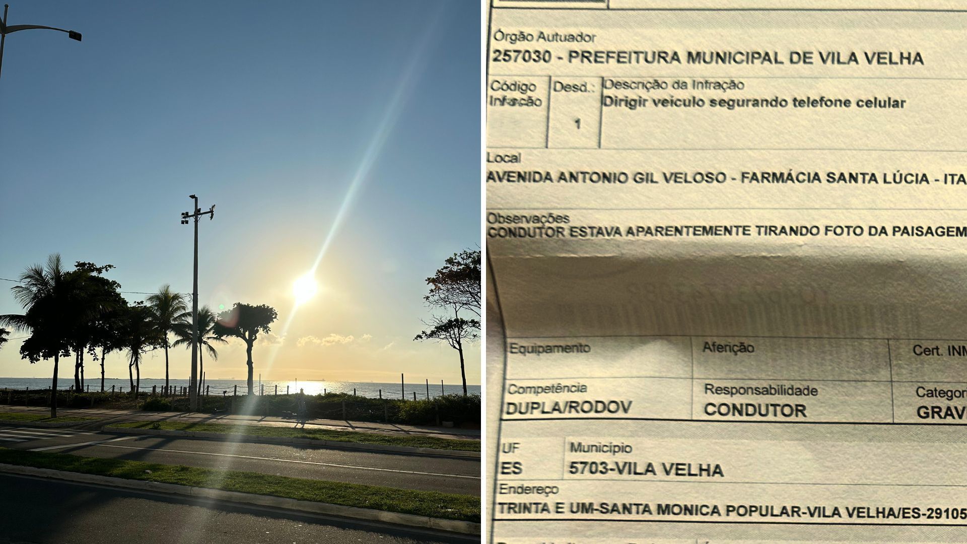 Imagem de destaque do post: Motociclista parado em semáforo é multado por tirar foto de paisagem; veja o que diz a lei