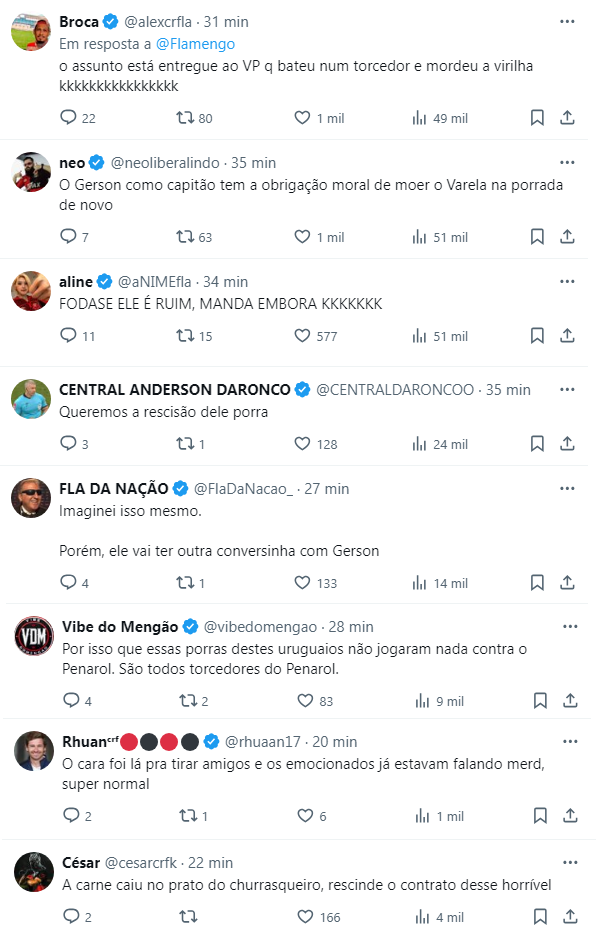 Torcedores do Flamengo criticam presença de Varela em confusão envolvendo uruguaios • Reprodução/X