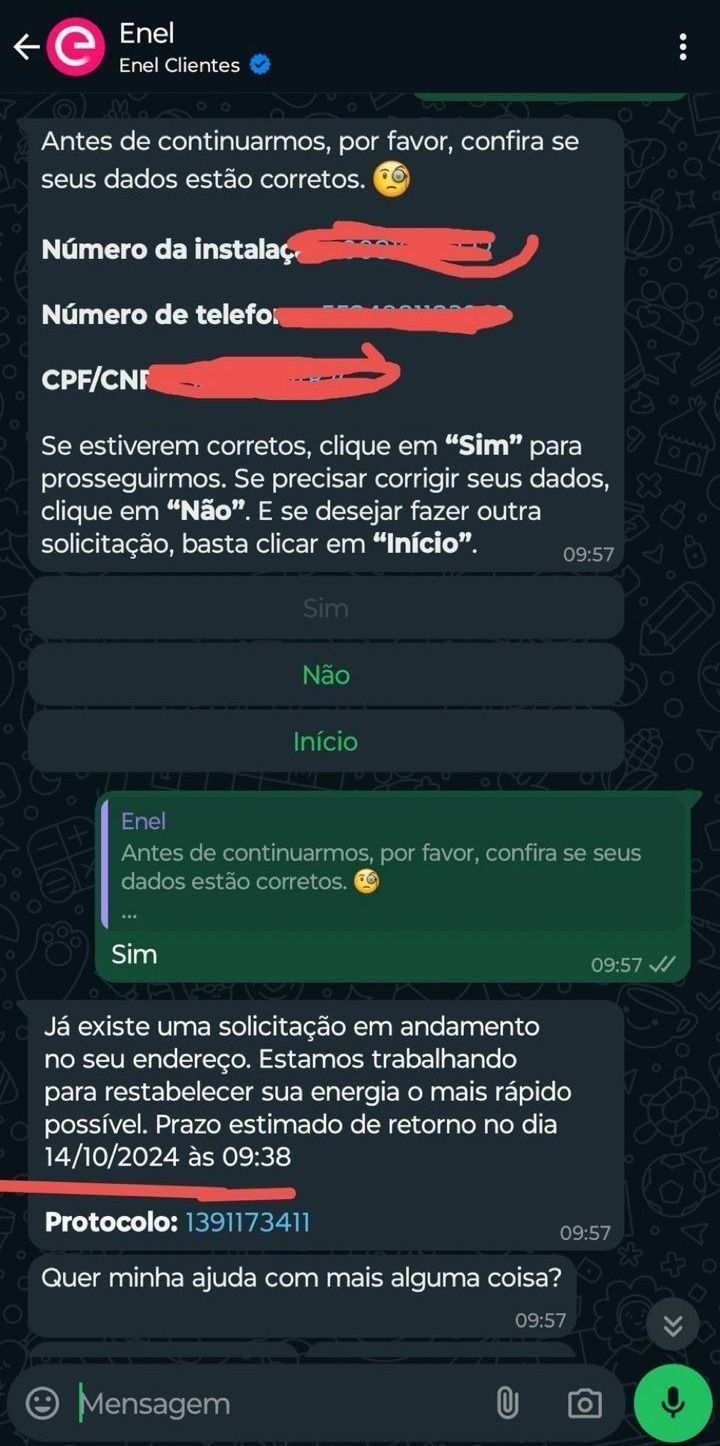 Alguns clientes estão sendo notificados que a energia voltará apenas na segunda-feira (14) • Reprodução