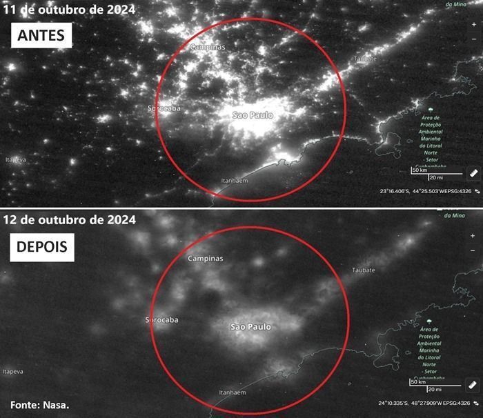 Imagens de satélite mostram luminosidade antes e depois do apagão em SP • Nasa