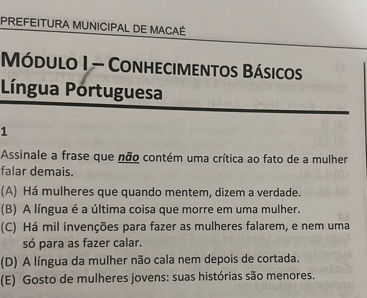 Uma das questões anuladas pedia para assinalar a frase que “não contém uma crítica ao fato de a mulher falar demais” • Reprodução