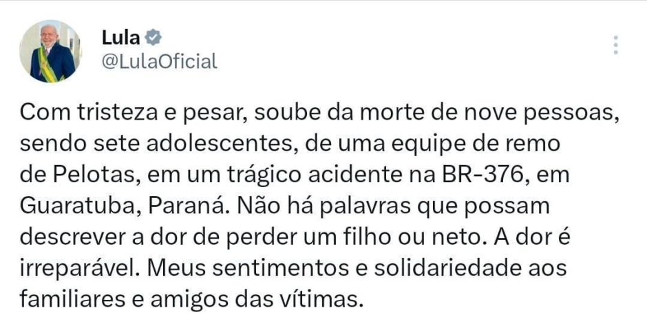 Presidente Lula, em seu perfil na rede social X • Reprodução