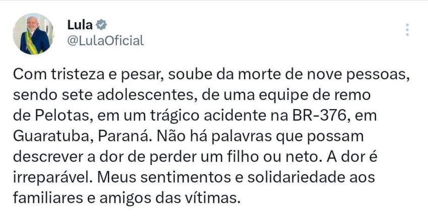 Presidente Lula, em seu perfil na rede social X • Reprodução