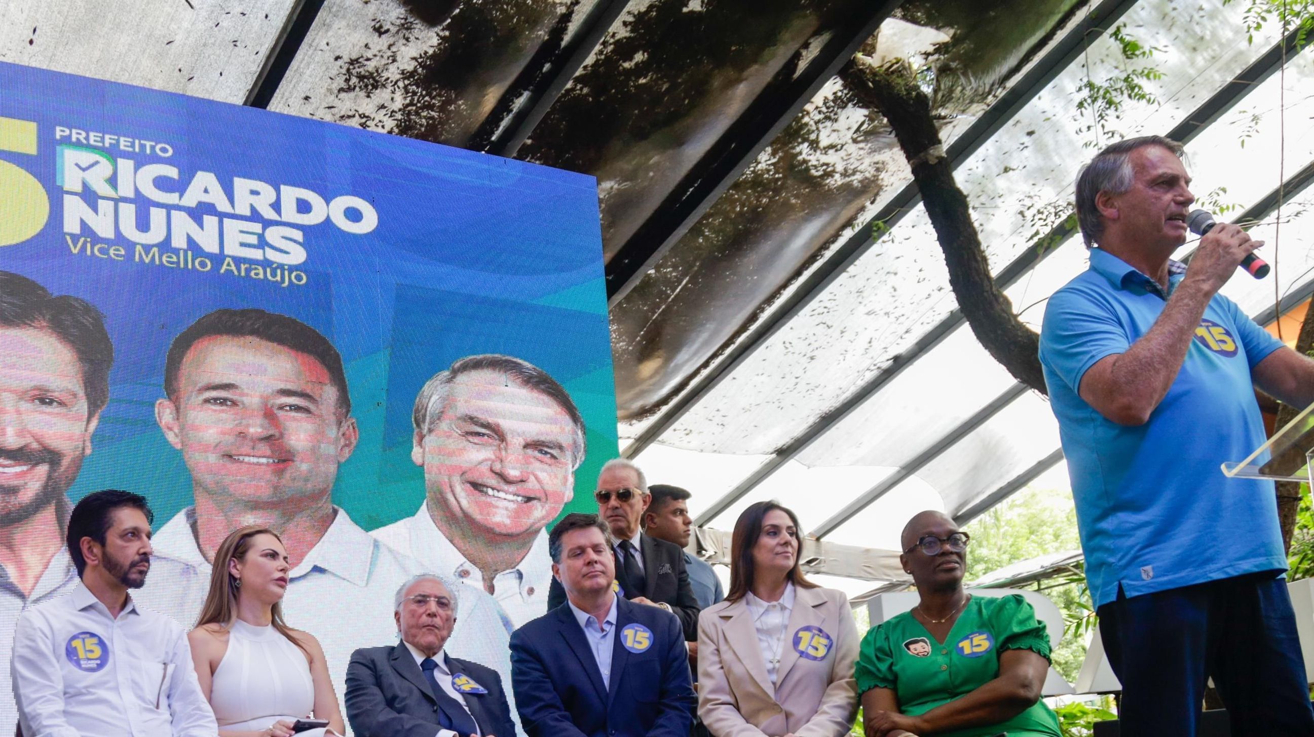 O ex-presidente Jair Bolsonaro (PL) discursa em evento de apoio à candidatura à reeleição de Ricardo Nunes (MDB), atual prefeito de São Paulo
