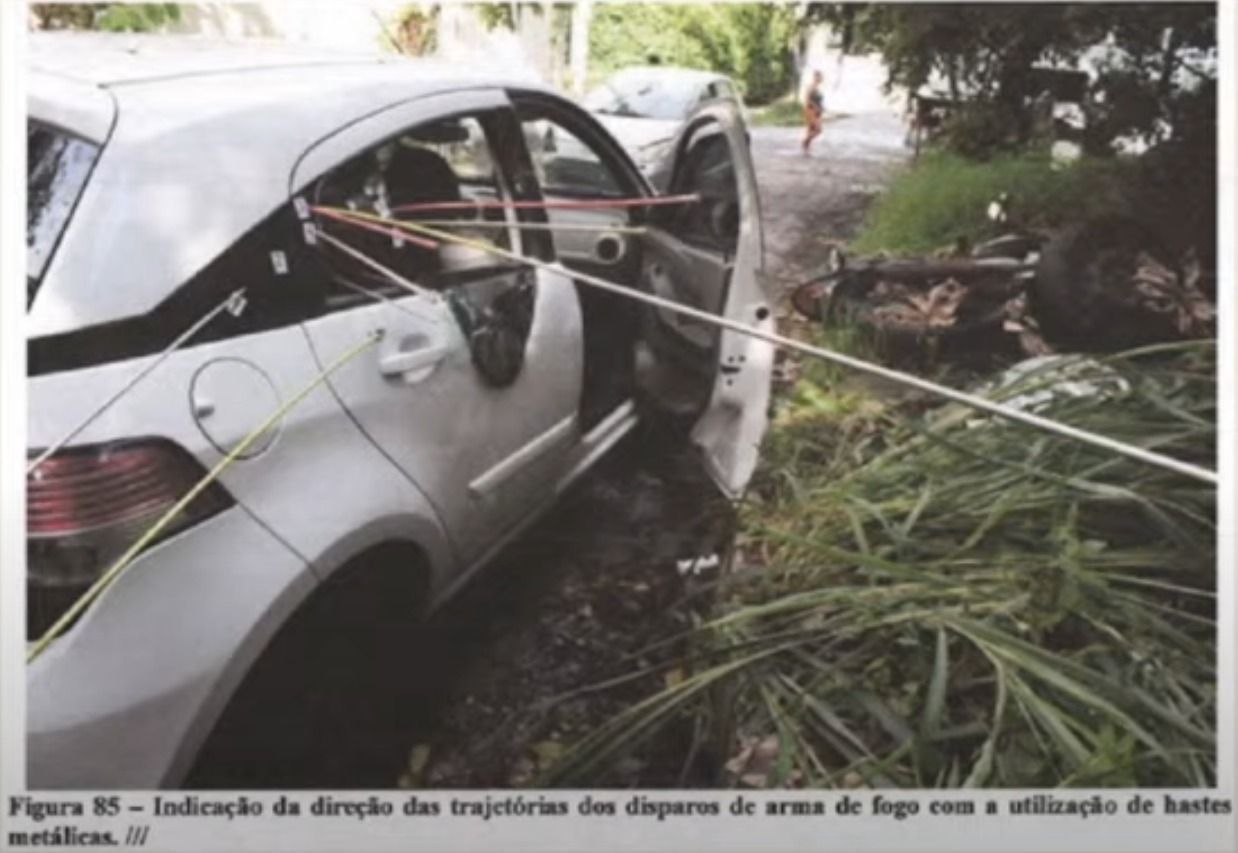 Caso Marielle: Indicação das trajetórias dos disparos que atingiram Marielle Franco e Anderson Gomes