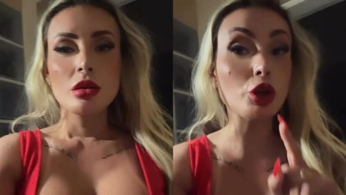 Montagem com duas imagens de Andressa Urach brava