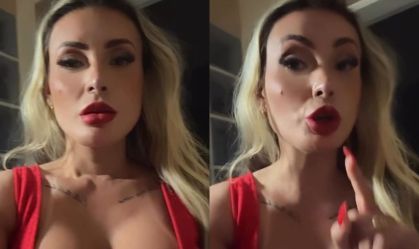 Montagem com duas imagens de Andressa Urach brava