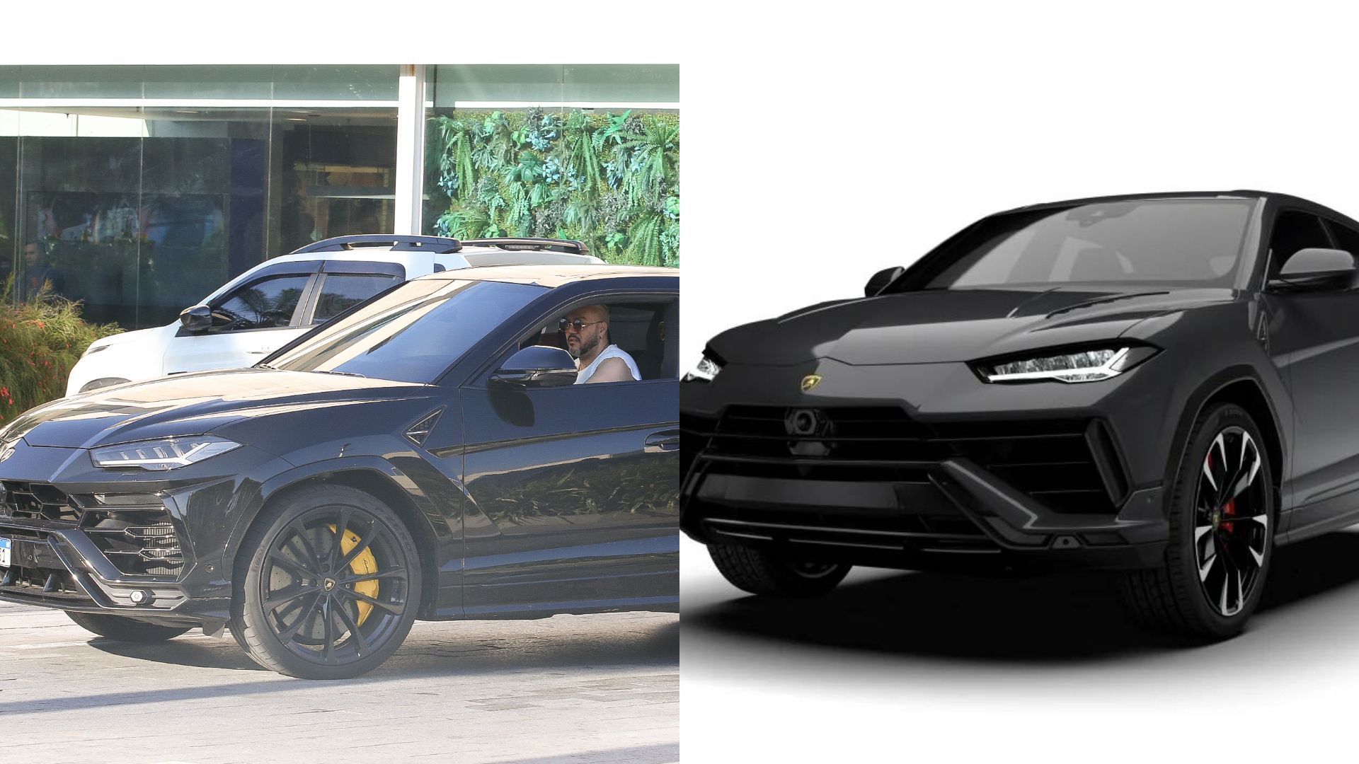 Foto dividida do cantor belo e uma imagem de divulgação do Lamborghini Urus