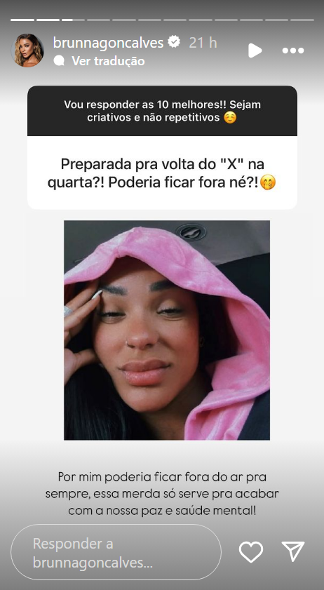 Brunna Gonçalves opinando sobre a volta do X • Reprodução/ Instagram
