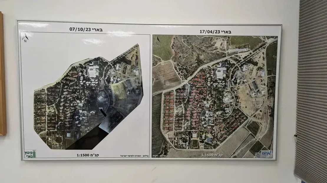 Fotos aéreas mostram o kibutz Be'eri, em Israel, após o ataque de 7 de outubro, à esquerda, e como era antes do ataque, à direita • Yon Pomrenze/CNN