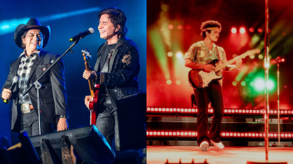 Chitãozinho e Xororó fizeram uma participação no último show de Bruno Mars em São Paulo, no domingo (13)