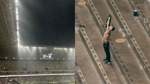 Torcedor do Atlético celebra chuva na Arena MRV, em Belo Horizonte