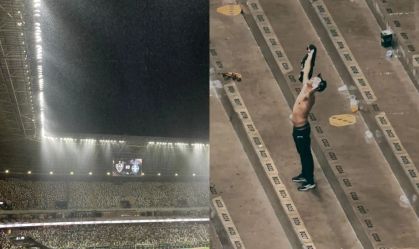 Torcedor do Atlético celebra chuva na Arena MRV, em Belo Horizonte