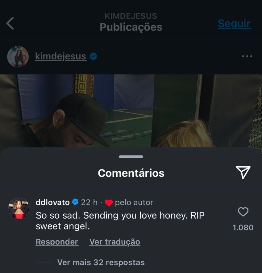 Demi Lovato lamentou a morte de seu ex-namorado, o lutador brasileiro Guilherme Bomba. • Instagram/Kim de Jesus