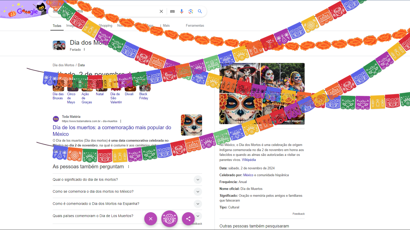 Doodle do Google em homenagem ao Dia de Los Muertos, celebrado no México • Reprodução/Google
